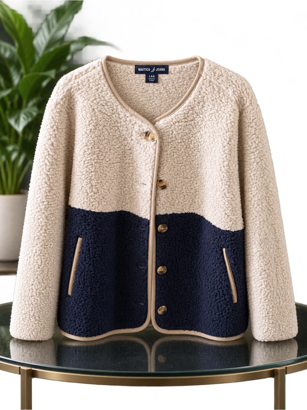 Nautica Two-Tone Sherpa Teddy Jacket in Cream and Navy